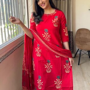 Red Floral Printed 3 Pcs Suit Set