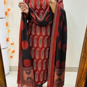 Rust Red Printed Kurti Pant Dupatta Set