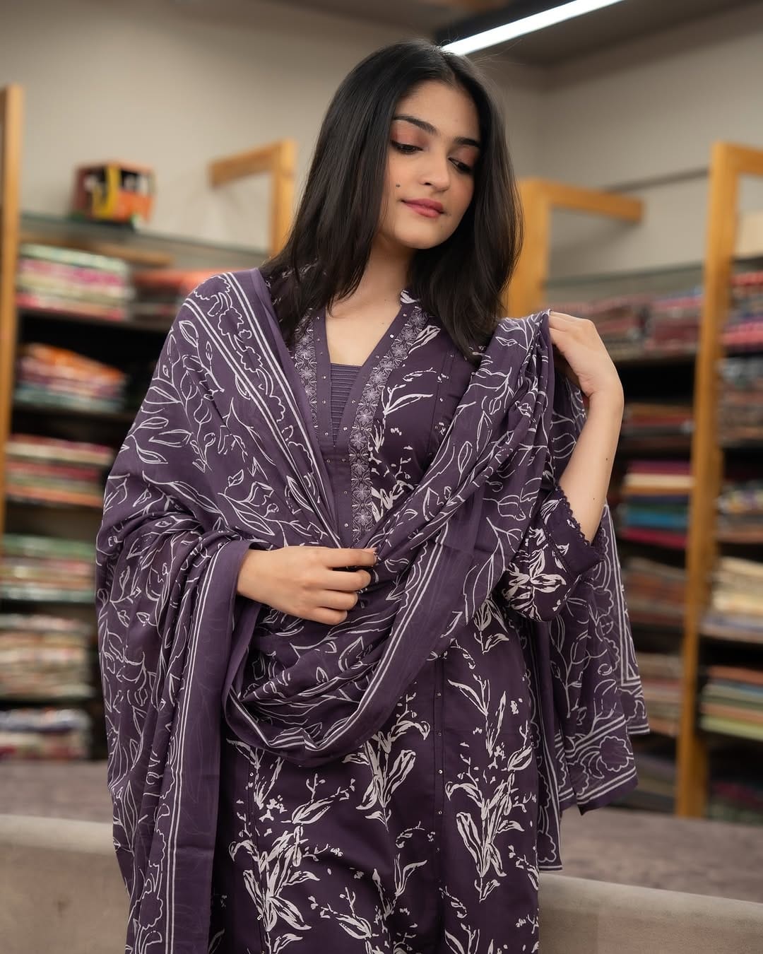 Wine Purple Floral Printed Kurti Pant Dupatta Set - Image 2