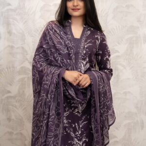 Wine Purple Floral Printed Kurti Pant Dupatta Set
