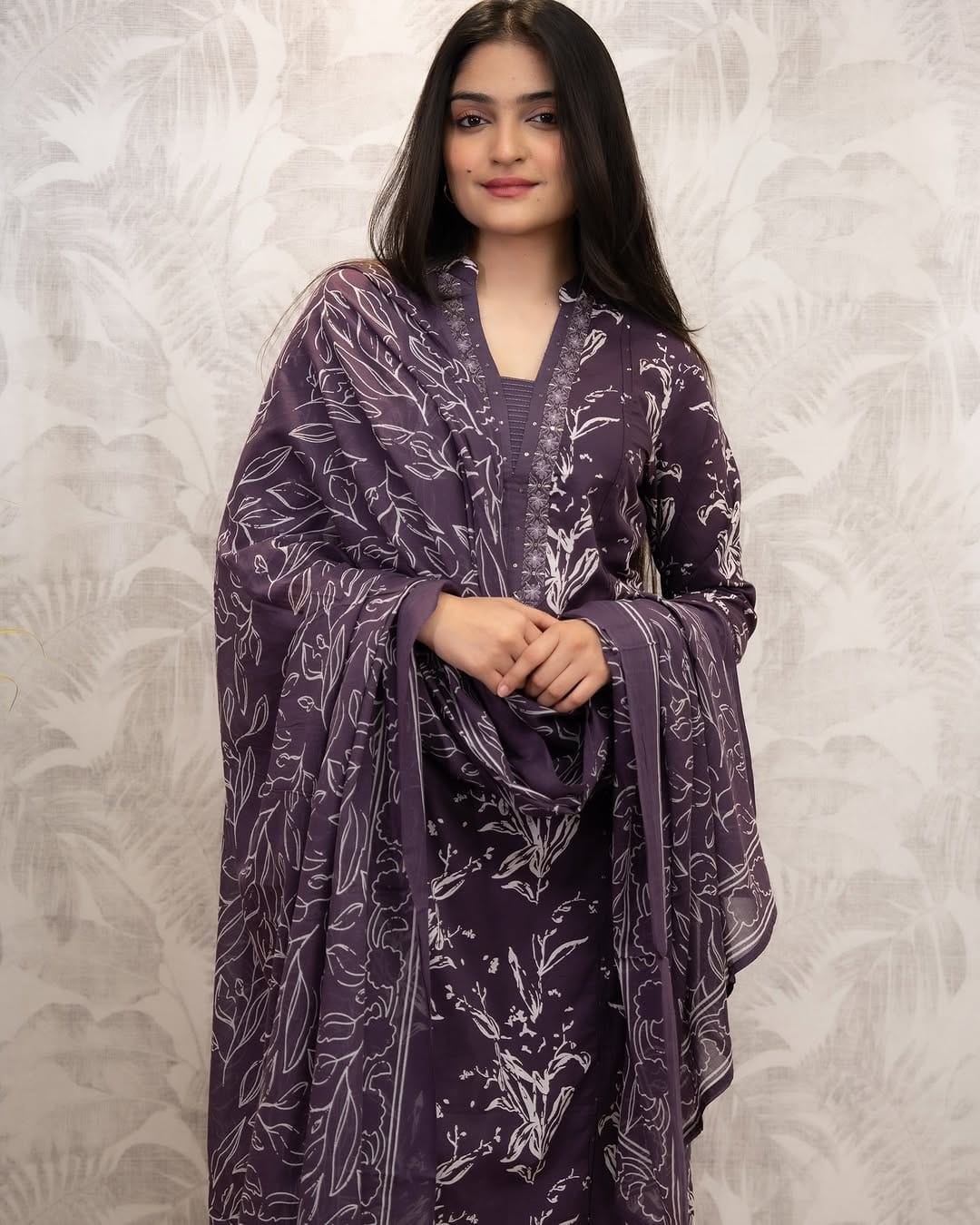 Wine Purple Floral Printed Kurti Pant Dupatta Set
