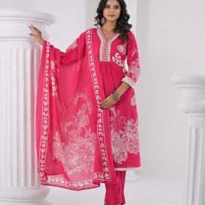 Rani Pink Printed Kurti Pant Dupatta Set