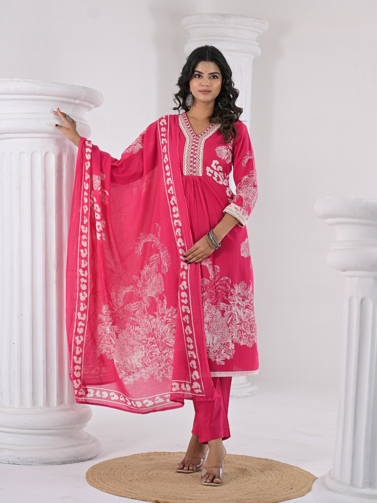 Rani Pink Printed Kurti Pant Dupatta Set