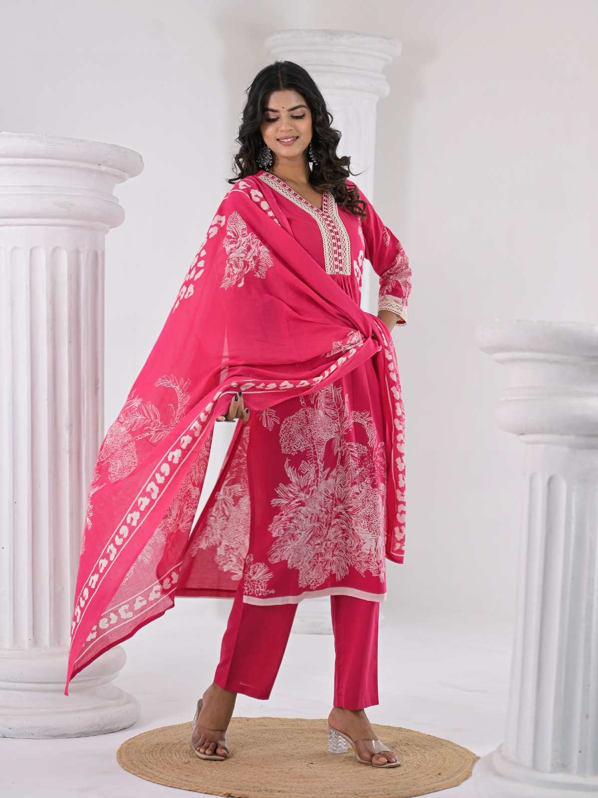 Rani Pink Printed Kurti Pant Dupatta Set - Image 3