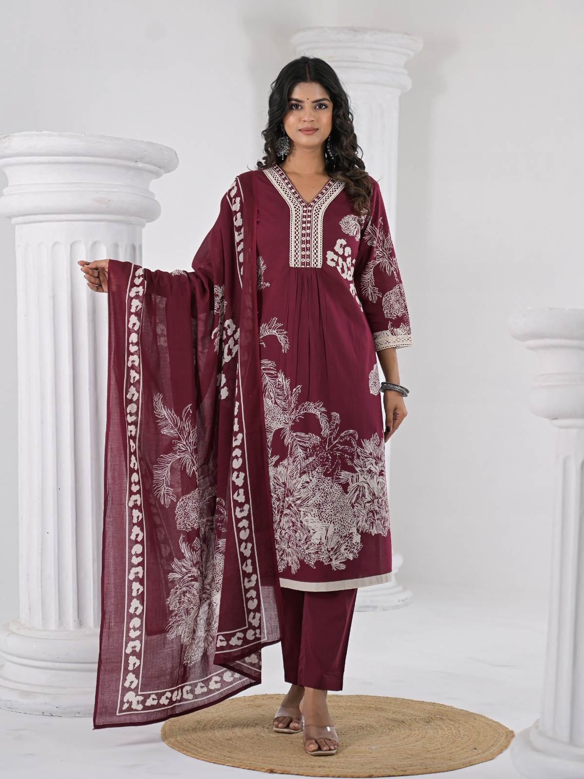 Rani Pink Printed Kurti Pant Dupatta Set - Image 13