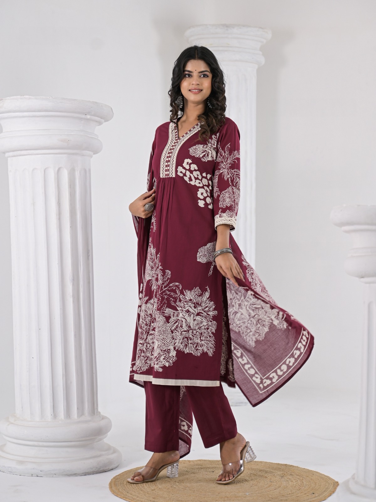 Rani Pink Printed Kurti Pant Dupatta Set - Image 14