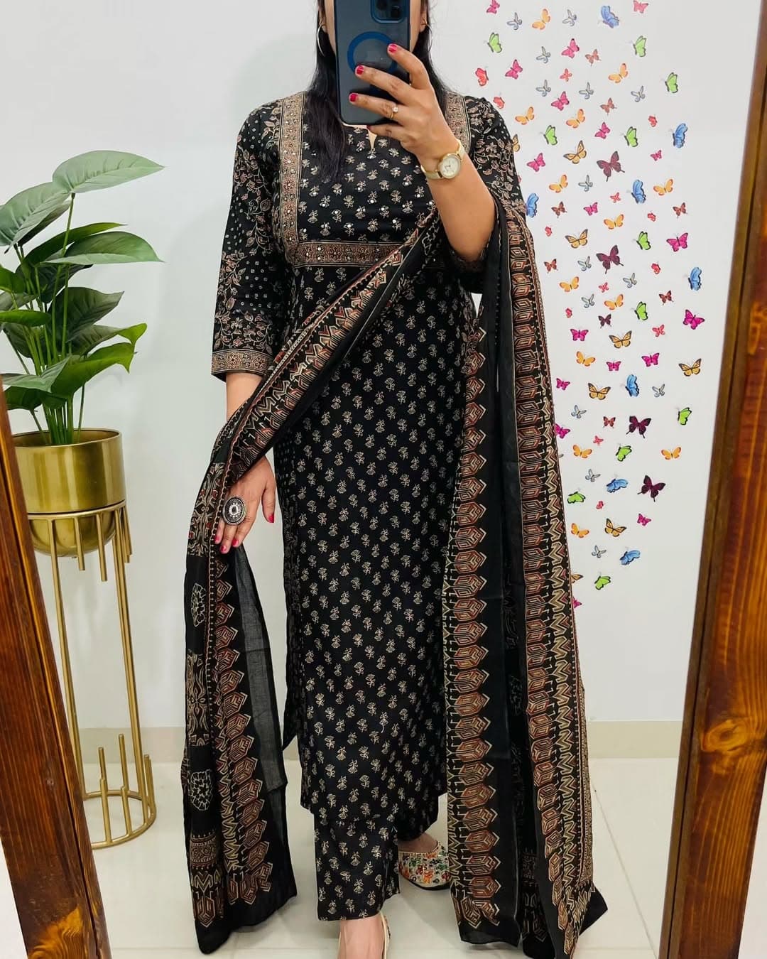 Cotton Black Printed 3Pcs Suit Set with Dhupatta - Image 3