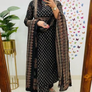 Cotton Black Printed 3Pcs Suit Set with Dhupatta