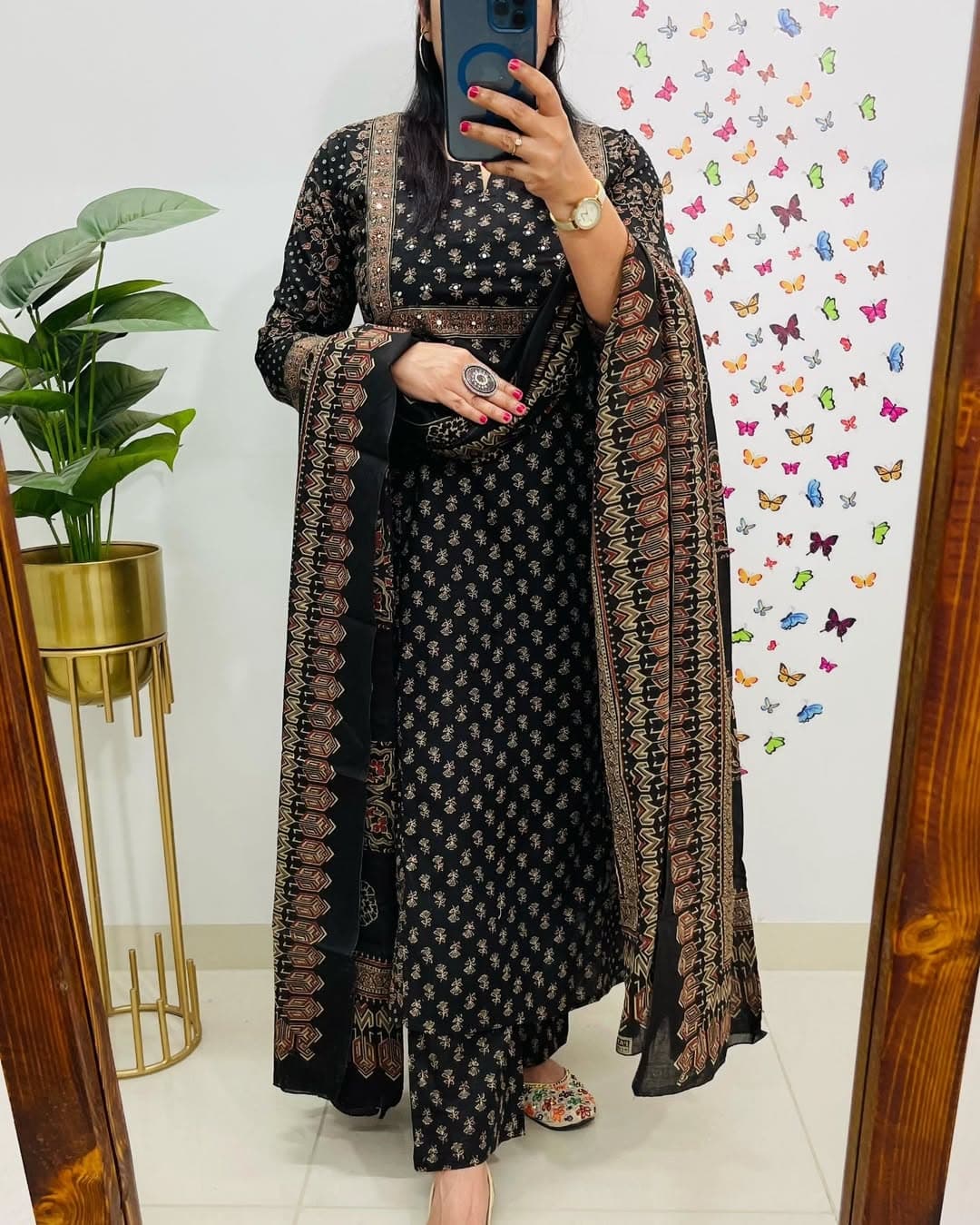 Cotton Black Printed 3Pcs Suit Set with Dhupatta