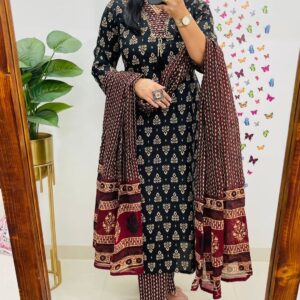 Black & Maroon Printed Kurti Dupatta Set