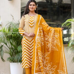 Mustard Yellow Printed Kurti Pant Dupatta Set