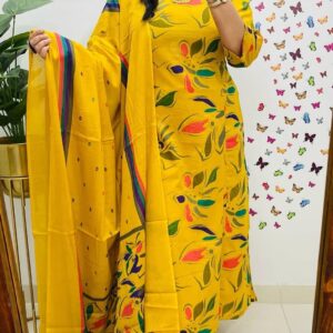 Mustard Yellow Floral Printed Kurti Pant Dupatta Set