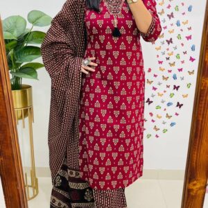 Wine Maroon Printed Kurti Pant Dupatta Set