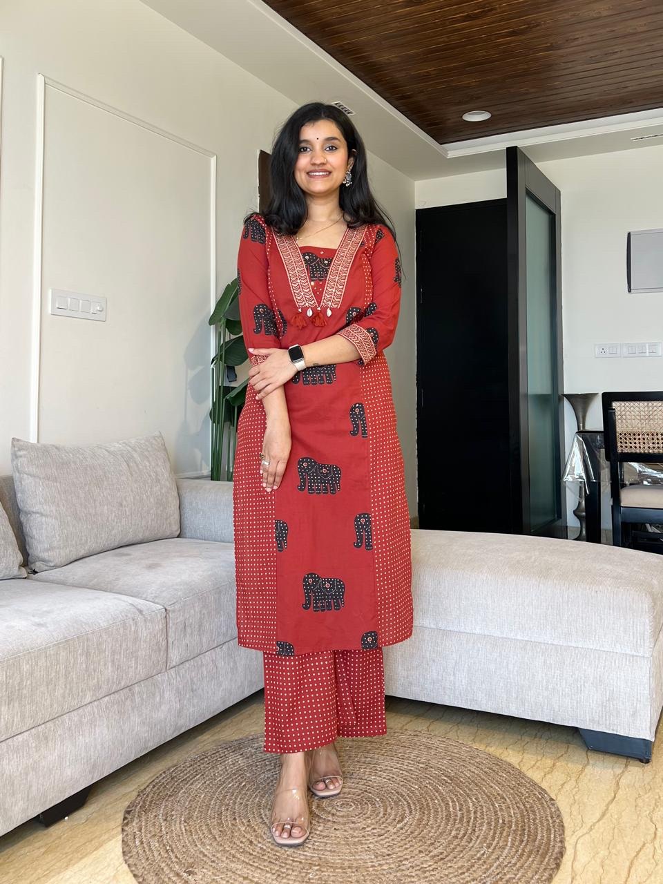 Brick Red Elephant Print Kurti Pant Dupatta Set - Image 4