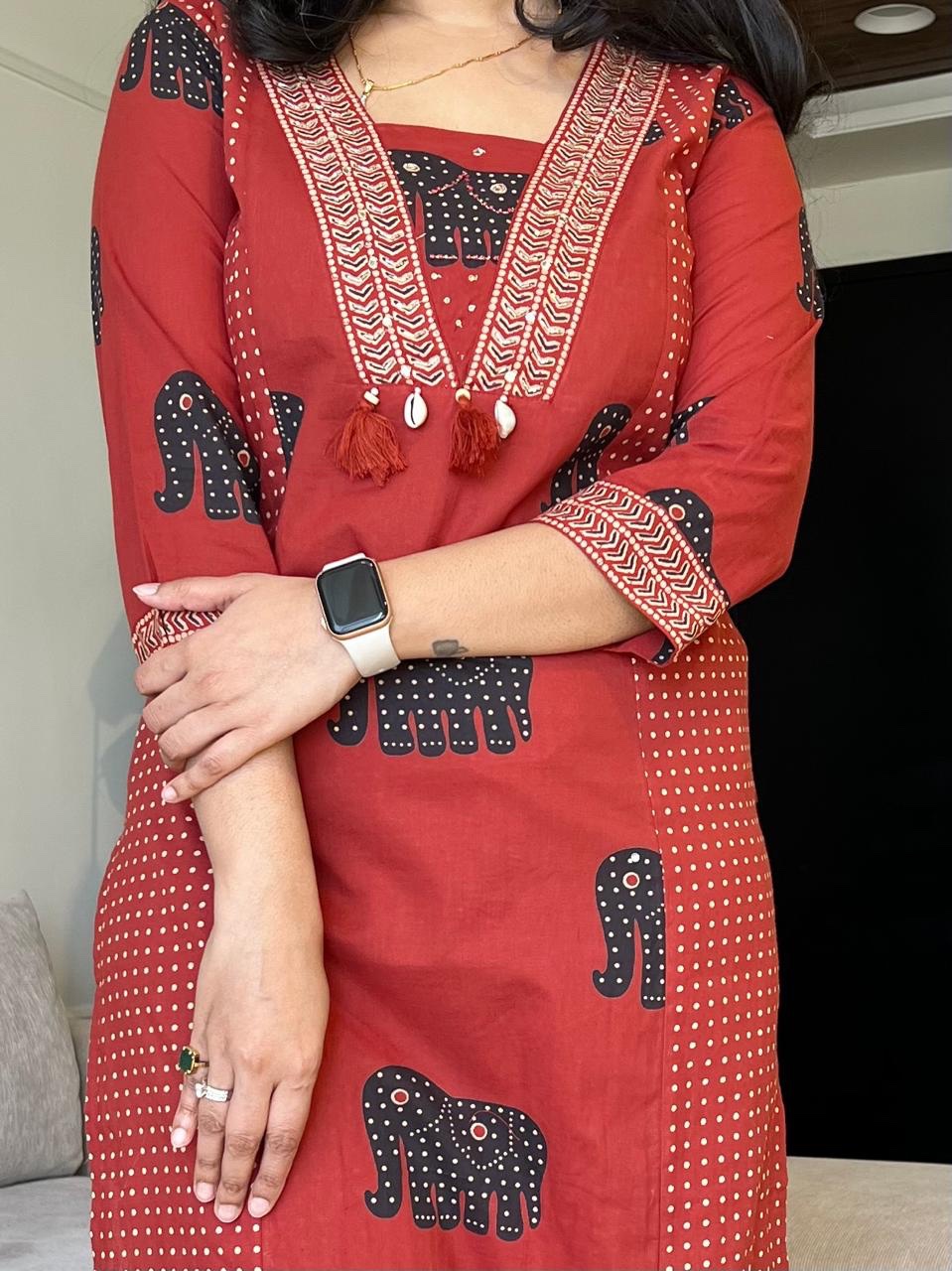 Brick Red Elephant Print Kurti Pant Dupatta Set - Image 5