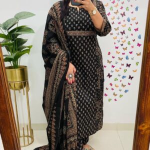 Black Ethnic Printed Kurti Pant Dupatta Set