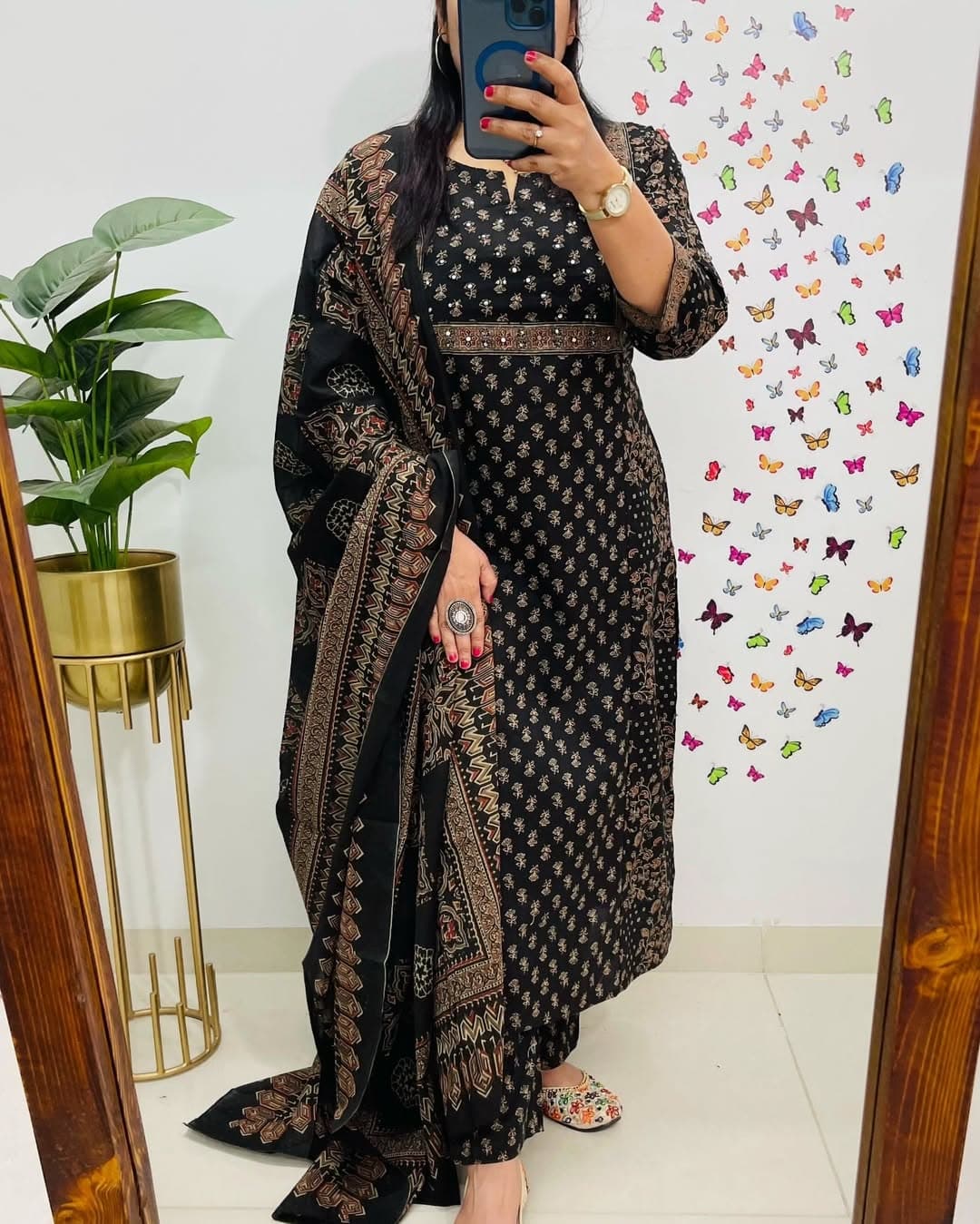 Black Ethnic Printed Kurti Pant Dupatta Set