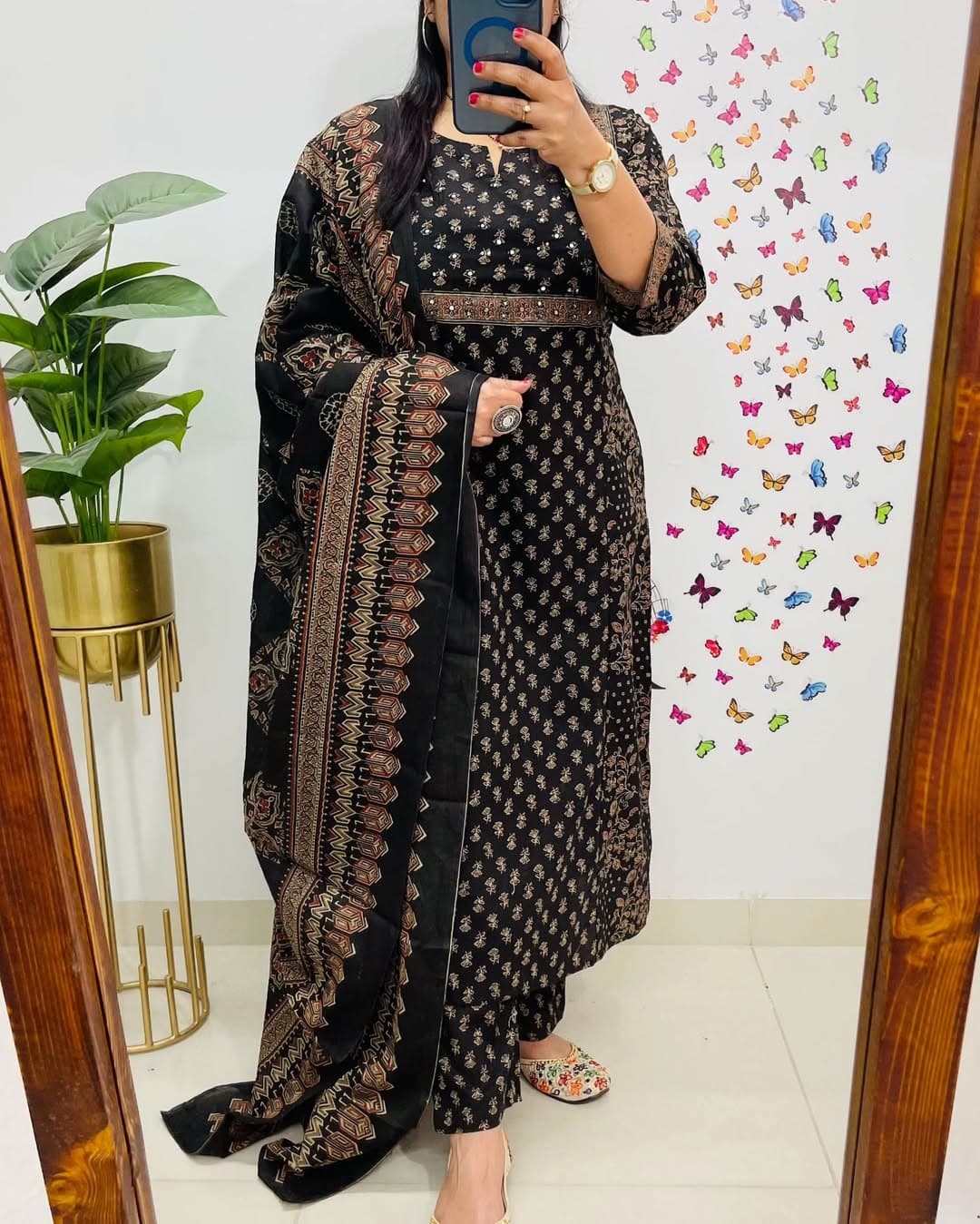 Black Ethnic Printed Kurti Pant Dupatta Set - Image 2
