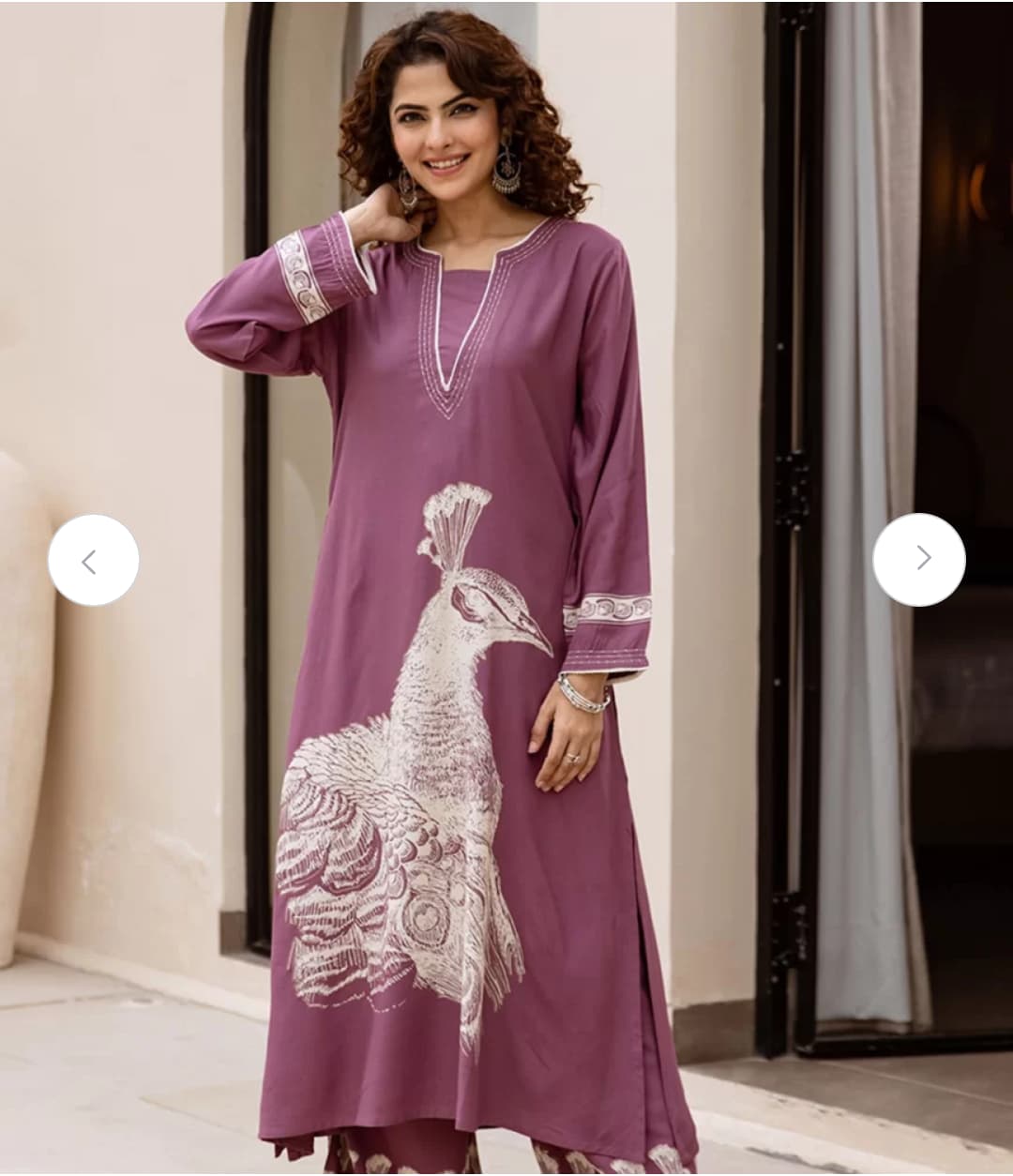 Wine Purple Peacock Printed Kurti Pant Set