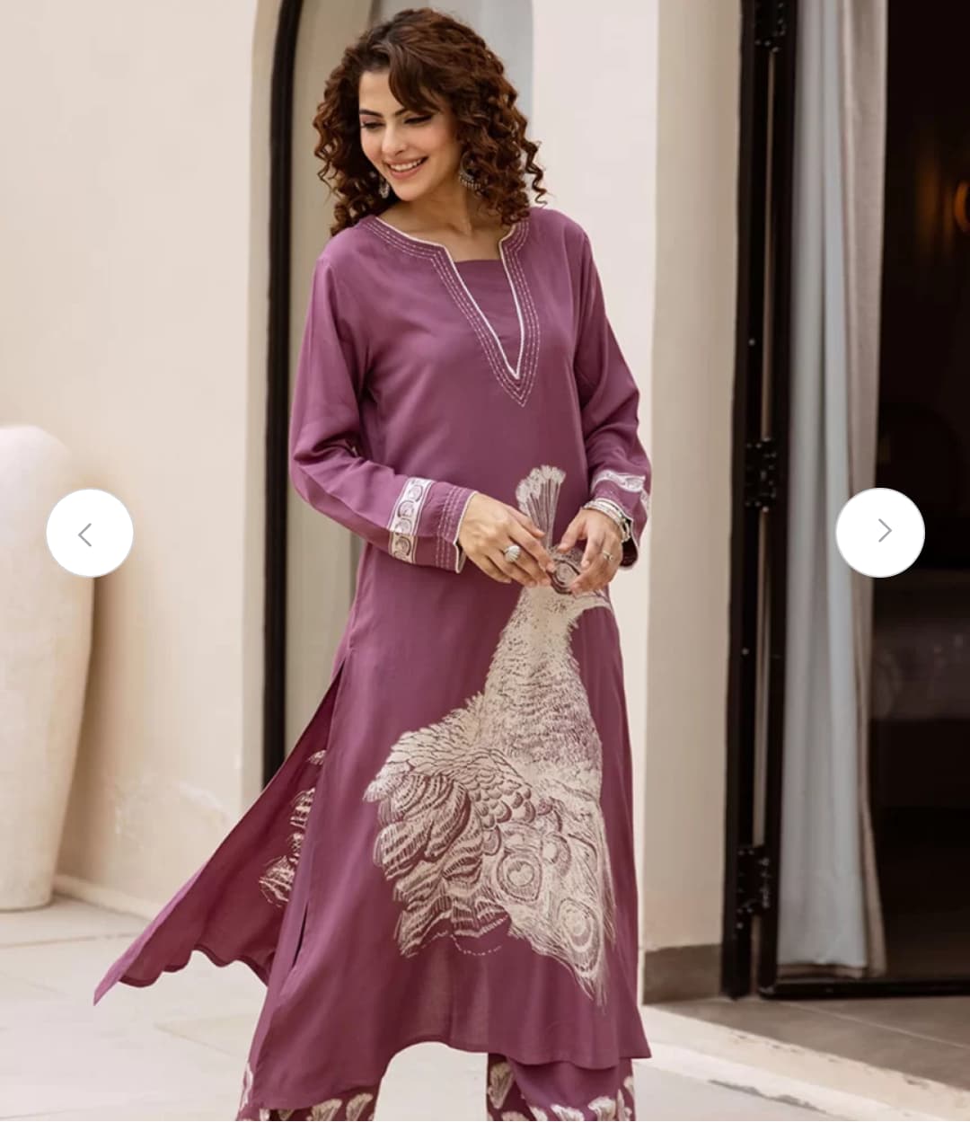 Wine Purple Peacock Printed Kurti Pant Set - Image 5