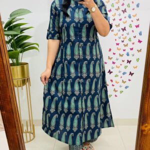 Navy Blue Paisley Printed Kurti Pant Set