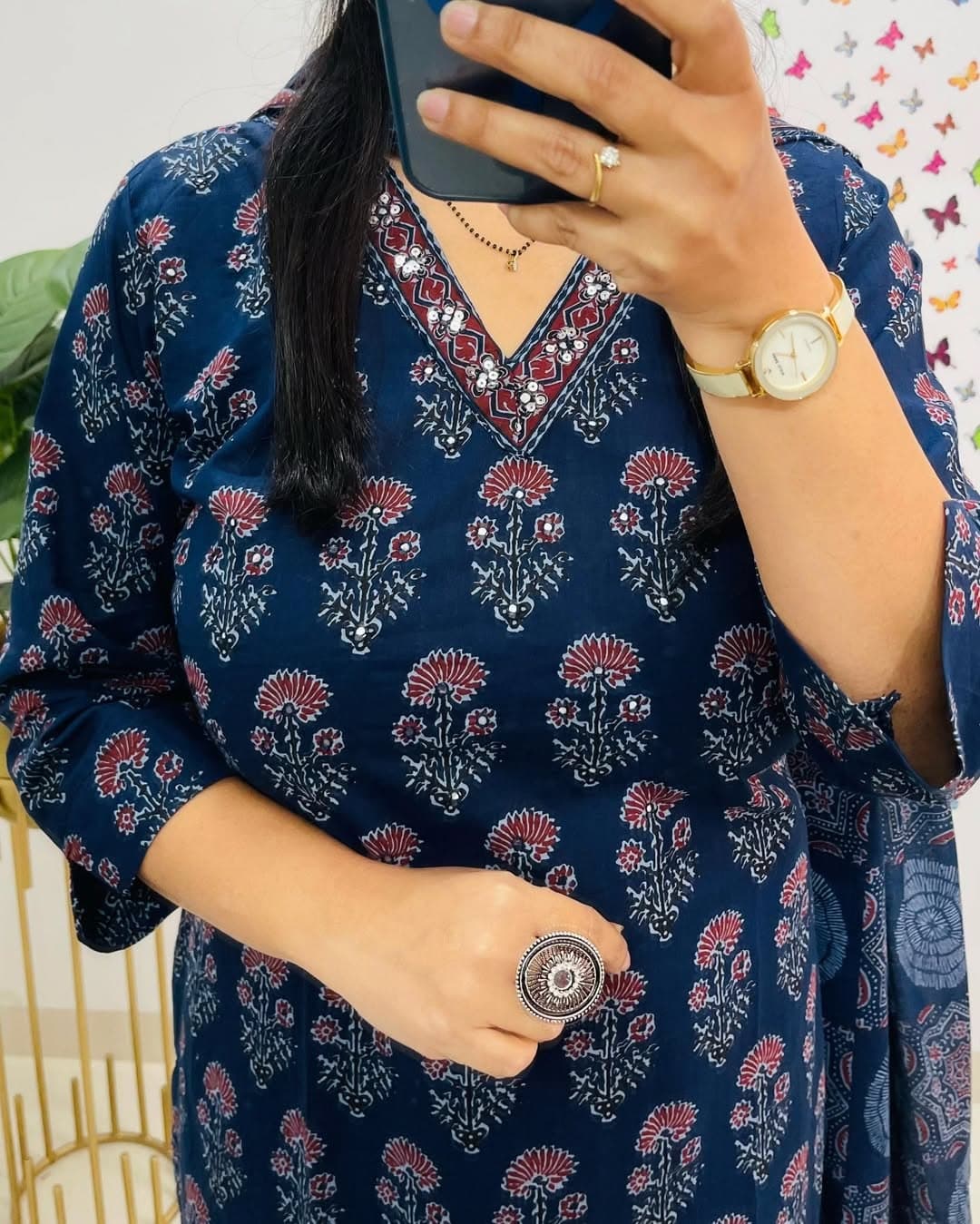 Indigo Blue Floral Printed Kurti Pant Dupatta Set - Image 3