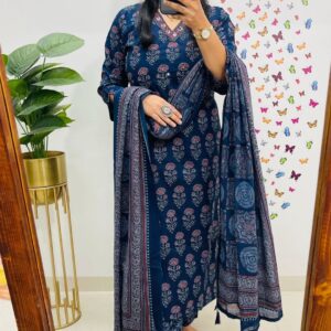 Indigo Blue Floral Printed Kurti Pant Dupatta Set