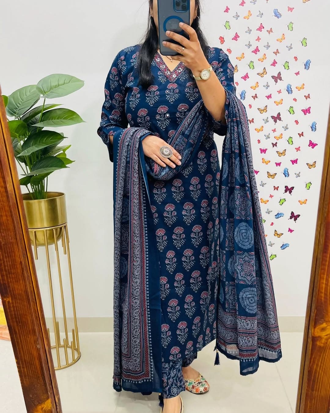 Indigo Blue Floral Printed Kurti Pant Dupatta Set