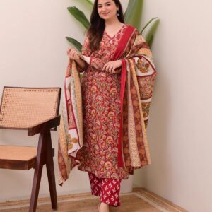Red Paisley Printed Kurti Pant Dupatta Set