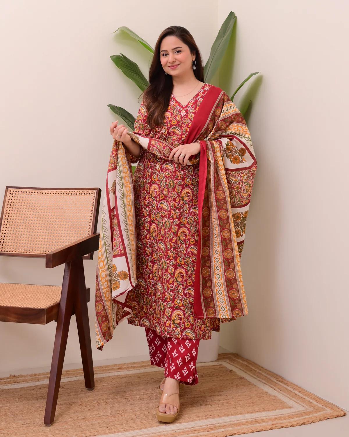Red Paisley Printed Kurti Pant Dupatta Set