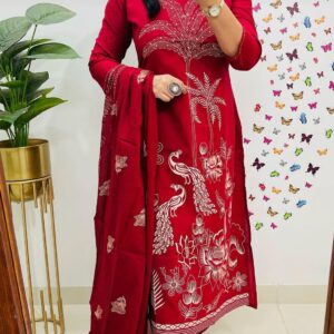 Maroon Peacock Printed Kurti Pant Dupatta Set